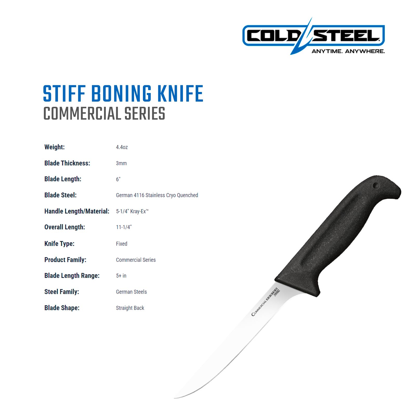 Cold Steel 6" Commercial Series Stiff German 4116 Stainless Steel Fixed Blade Narrow Straight Back Game & Fish Processing Cutting Boning Knife with Ergonomic Kray-Ex Handle