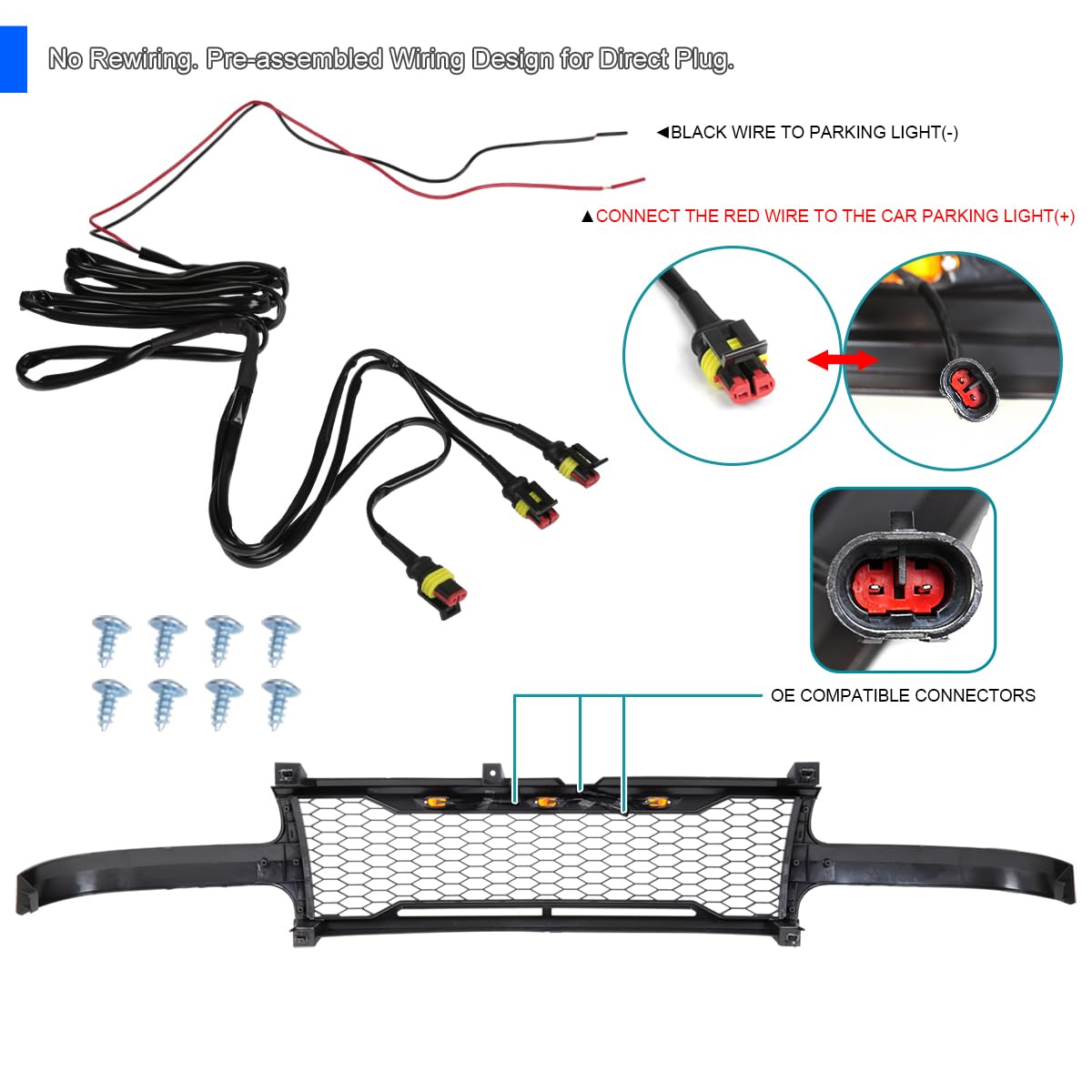 Matte Black Mesh Grille w/LED Lamps SPEC-D TUNING Compatible with 1999-2002 Chevy Silverado 1500