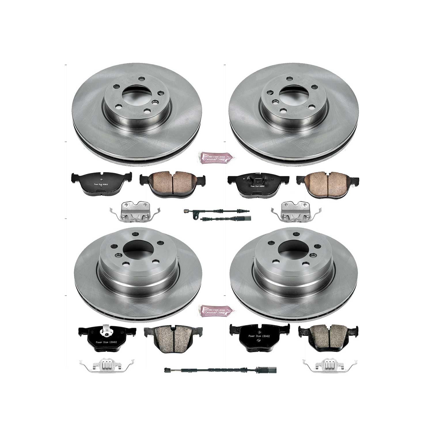Power Stop KOE7500 Front and Rear Replacement Brake Kit-OE Brake Rotors & Ceramic Brake Pads and 1 Front & 1 Rear Sensor Wires For 2011 2012 BMW X5 X6