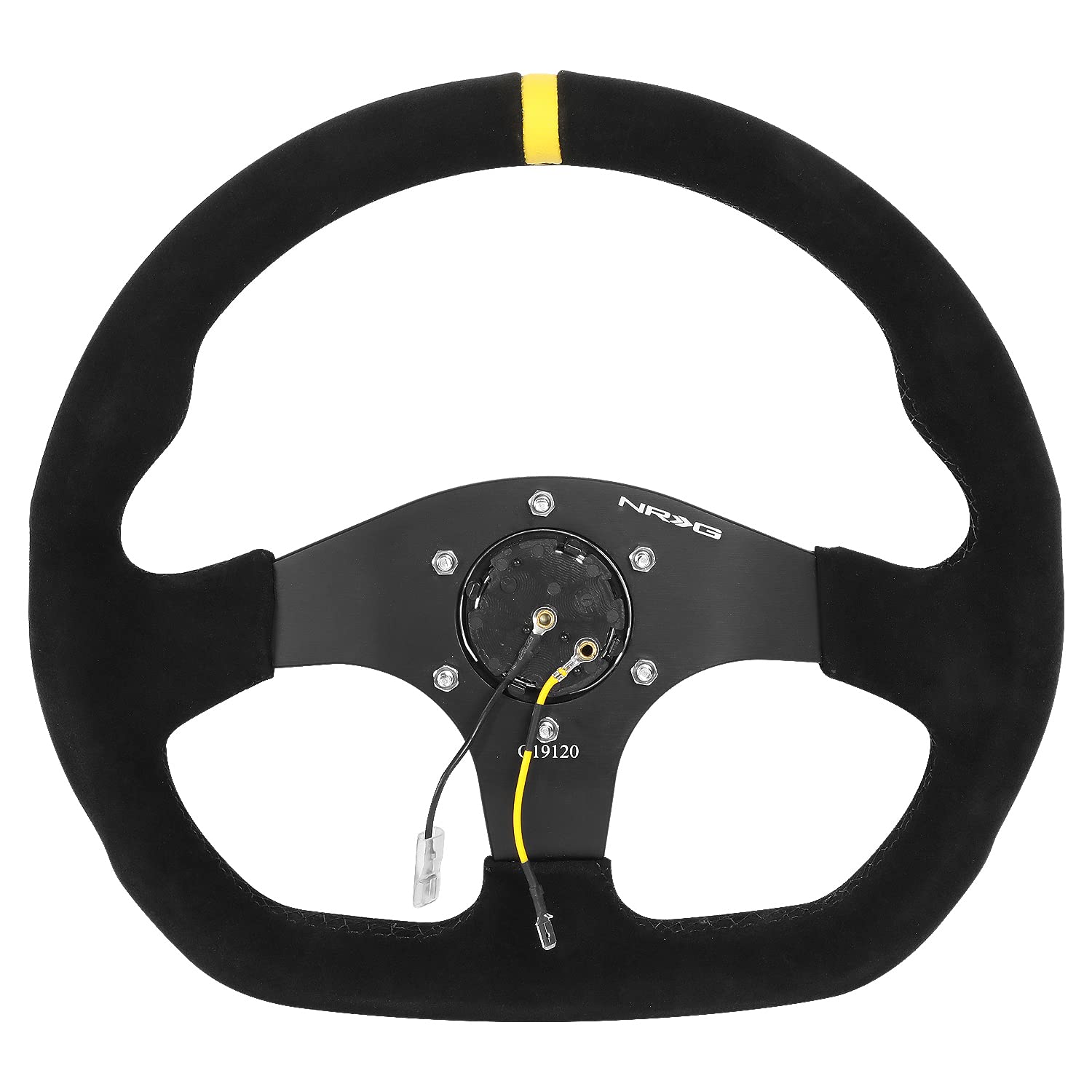 NRG Innovations Reinforced NRG-RST-024MB-S-Y Steering Wheel - 320mm Sport Suede Flat Bottom with Yellow Center Mark