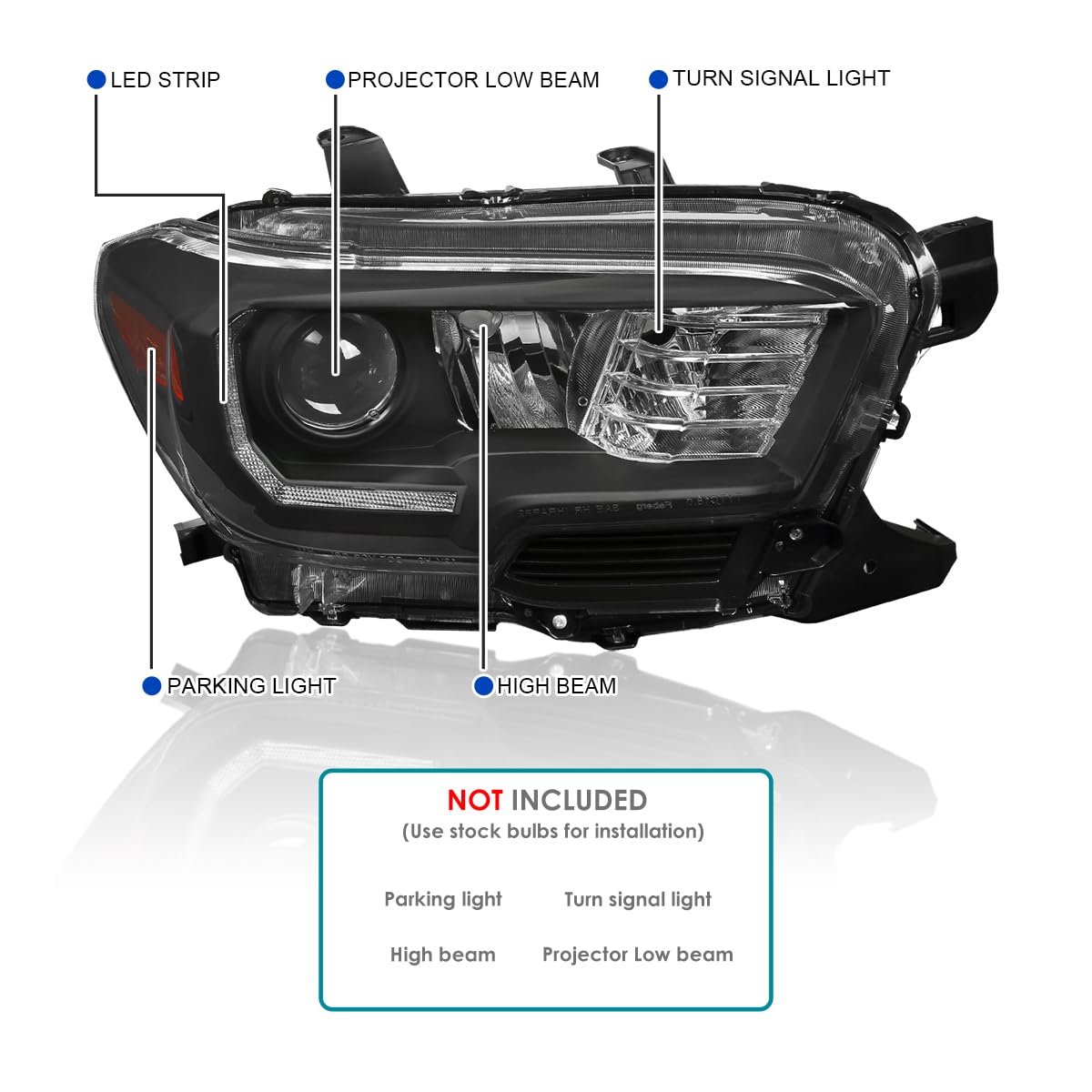 Black SPEC-D TUNING Projector Headlights w/LED Strip Compatible with 2016-2022 Toyota Tacoma with factory LED daytime running lights, Left + Right Pair Headlamps Assembly