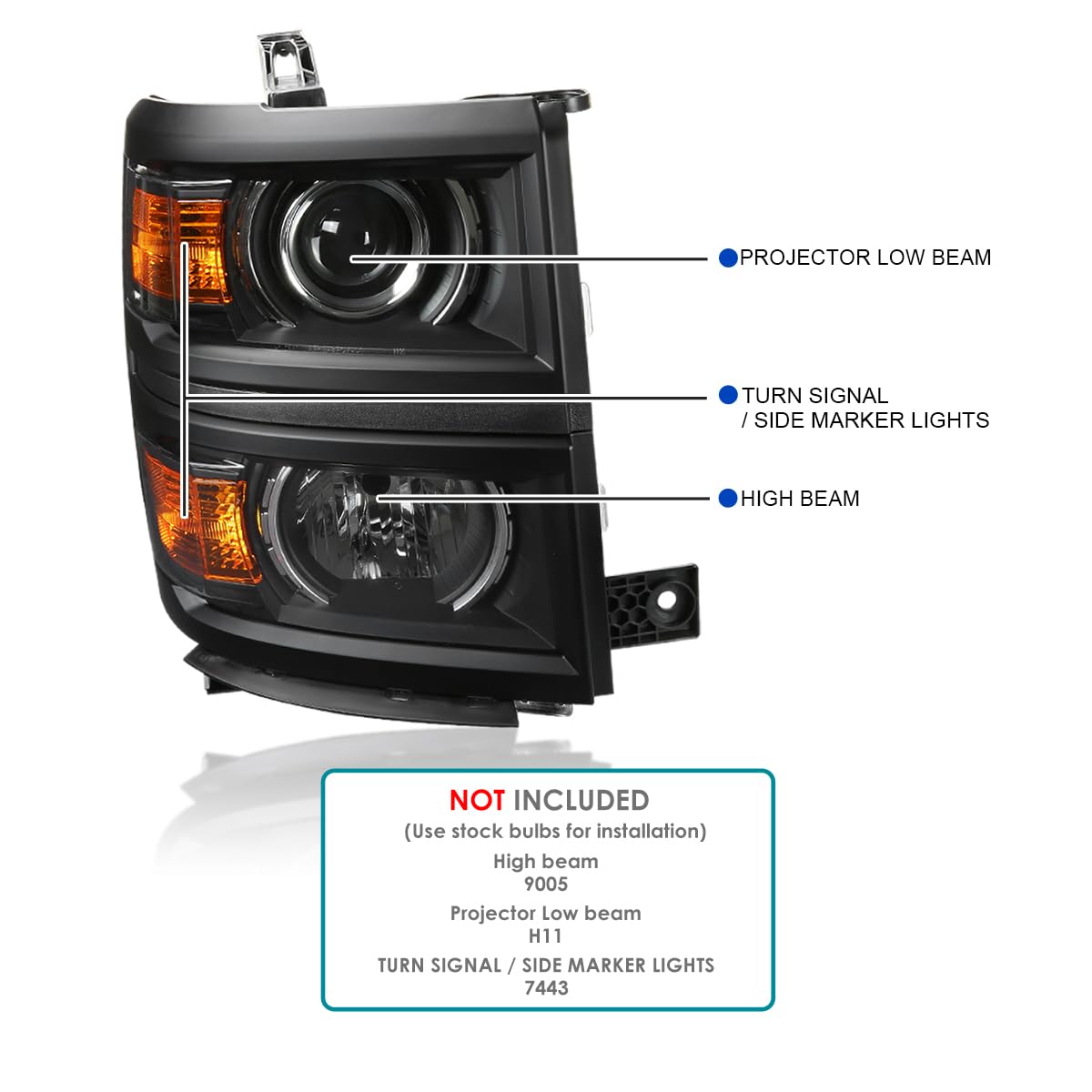 Black Projector Headlights w/Black Trim SPEC-D TUNING Compatible with 2014-2015 Chevy Silverado 1500, Left + Right Pair Headlamps Assembly