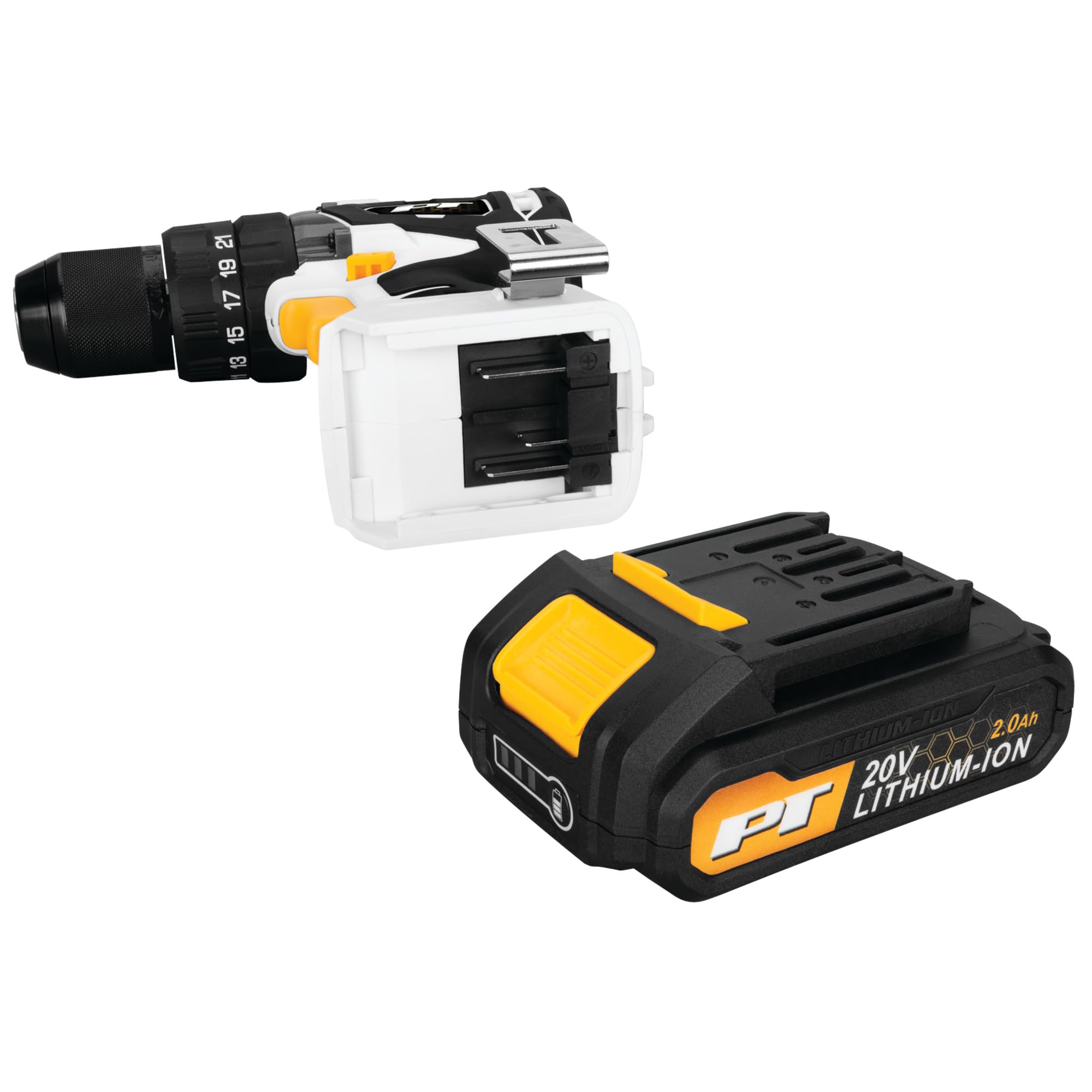 20V Li-Ion Performance Tool W7722 1/2-in Brushless Hammer Drill: 708 in-lb Torque, 2-Speed, Keyless Chuck, 20V, USB-C Quick Charge, Built-In Hook, Storage Case, Black/White