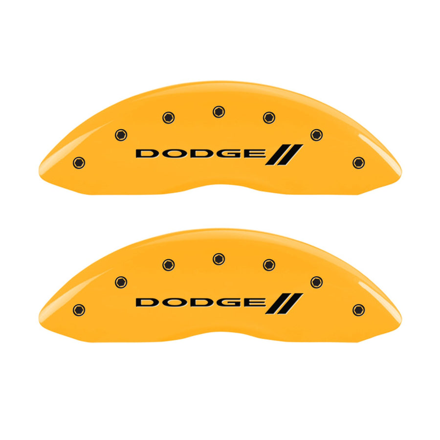Caliper Covers MGP 12088SDD3YL Yellow (Set of 4, Engraved Front and Rear: With stripes/Dodge, Yellow powder coat finish, black characters)