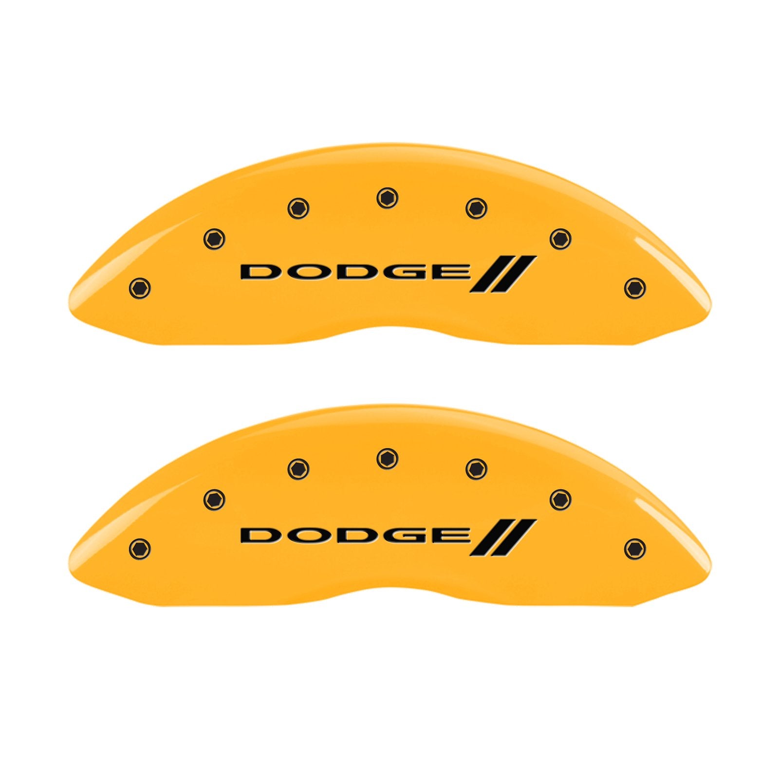 Brake Caliper Covers for 2011-2023 Dodge Challenger & 2011-2023 Dodge Charger - MGP Caliper Covers (Requires Dual Piston Front Caliper) Front and Rear Set - Engraved DODGE // Logo (Yellow)