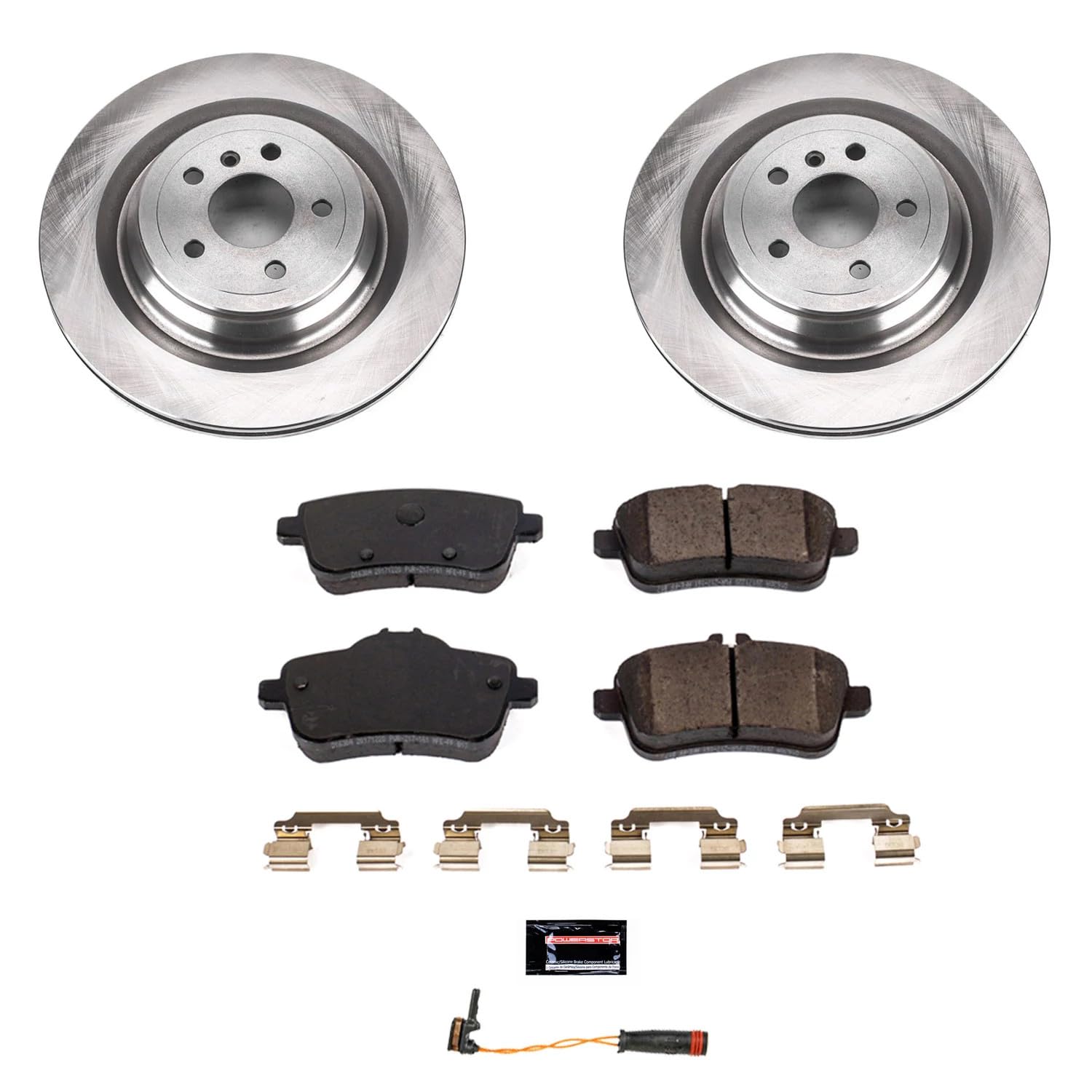 Power Stop KOE7448 Rear Replacement Brake Kit-OE Brake Rotors & Ceramic Brake Pads and 1 Rear Sensor Wire For GL350, GL450, GL550, GLE43 AMG, GLS3, GLS450, GLS550 [Model Specific]