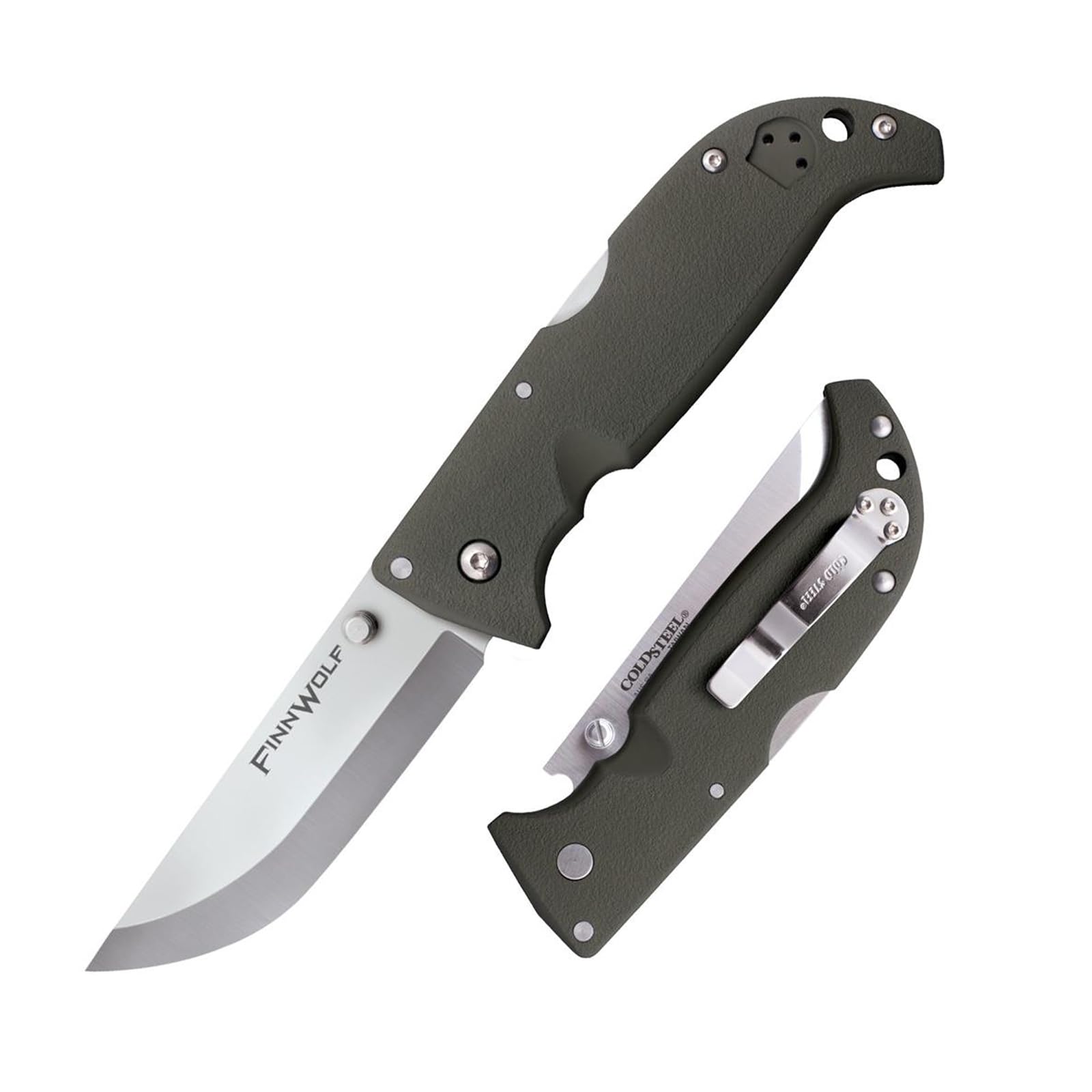 COLD STEEL 3.5in Finn Wolf AUS8A Razor-Sharp Straight Back Blade 4.375in Griv-Ex OD Green Handle Hunting Folding Knife, Boxed