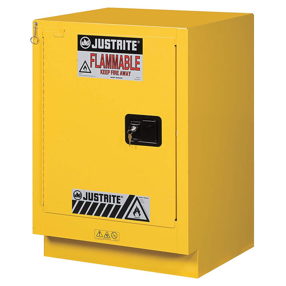 Justrite 1 Door Self Close Under Fume Hood Flammables Safety Storage Cabinet 18 Gauge Steel with Left Hinge, 15 Gallon Capacity, 24" x 35-3/4" x 21-5/8", Made in The USA, Yellow, 882430