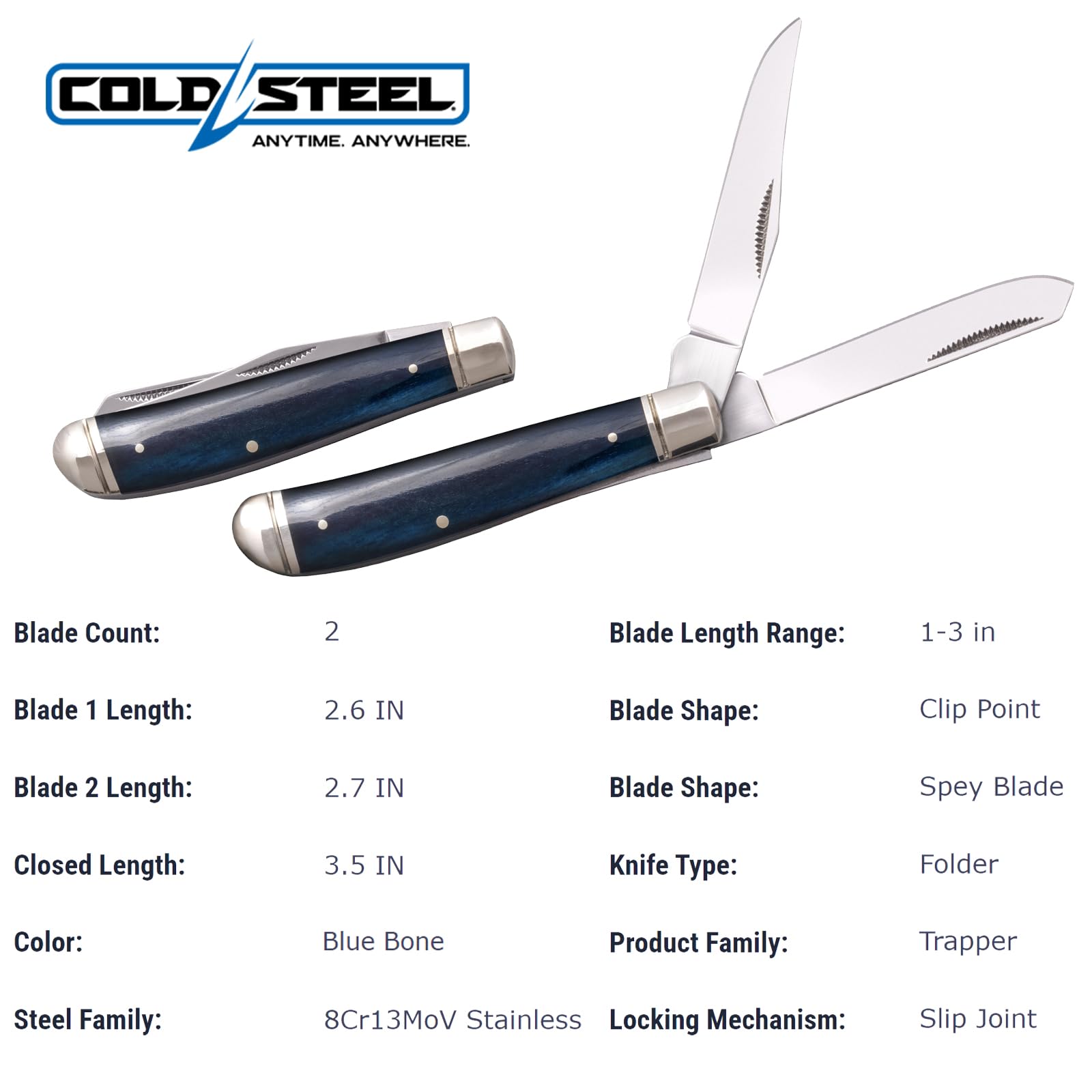 Cold Steel Mini Trapper Practical Versatile Durable Compact Pocket Folding Knife - 2 Blades; Blue Bone Handle; Slip Joint Lock