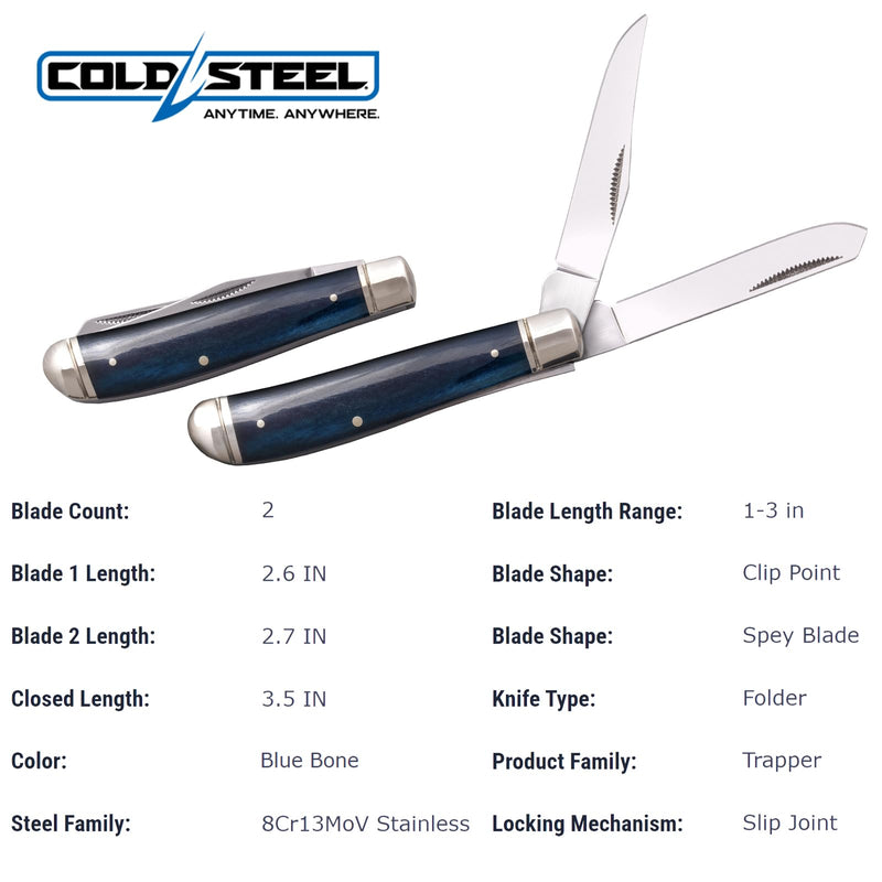 Cold Steel Mini Trapper Practical Versatile Durable Compact Pocket Folding Knife - 2 Blades; Blue Bone Handle; Slip Joint Lock