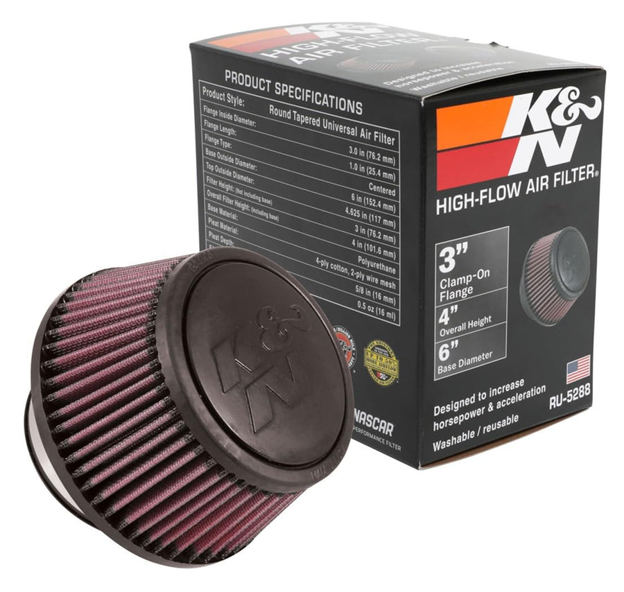 High-Flow K&N Original Lifetime Universal Clamp-On Air Filter: High Performance, Premium, Washable,: Flange Diameter: 3 In, Filter Height: 3 In, Flange Length: 1 In, Shape: Round Tapered, RU-5288