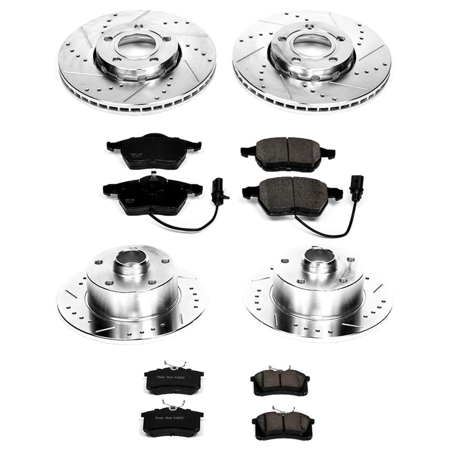 Power Stop K2825 Z23 Carbon Fiber Brake Pads Front and Rear with Drilled & Slotted Brake Rotors Kit For Audi A4 1999-2001 [Model Specific]