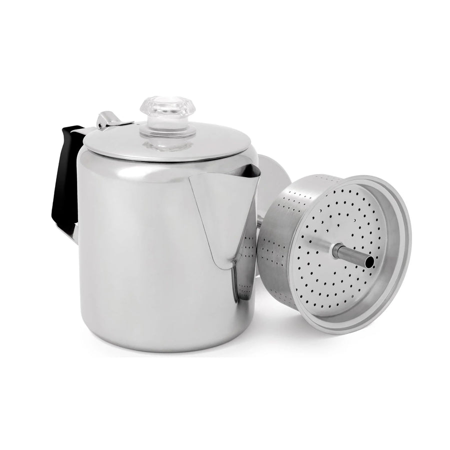 GSI Outdoors Glacier Stainless Steel Percolator Coffee Pot I with Silicone Handle for Camping, Backpacking, Travel, RV & Hunting - Stove Safe - 6 Cup