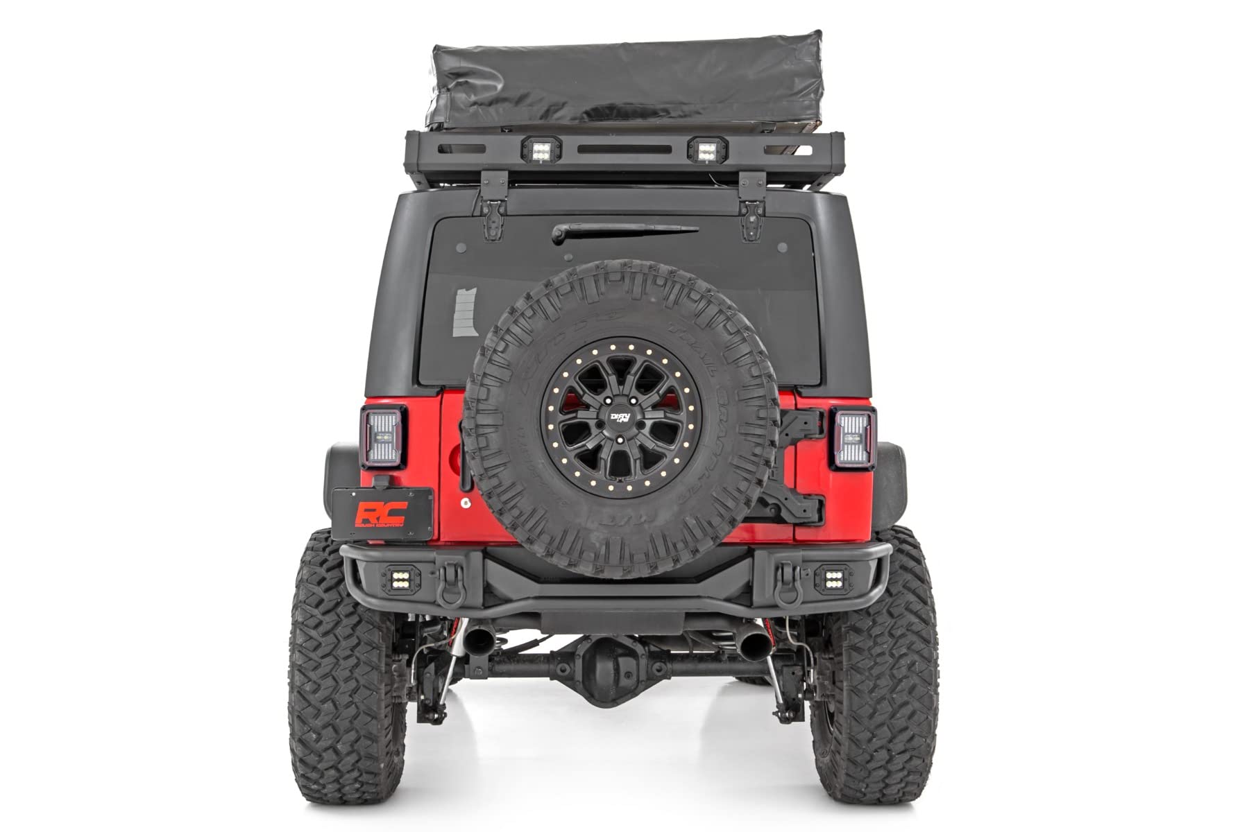 Rough Country Rear Tubular Bumper with LED Lights for Jeep Wrangler JK & Unlimited (2007-2018) - Includes Dual 2" Flush Mount LED Cubes, D-Rings