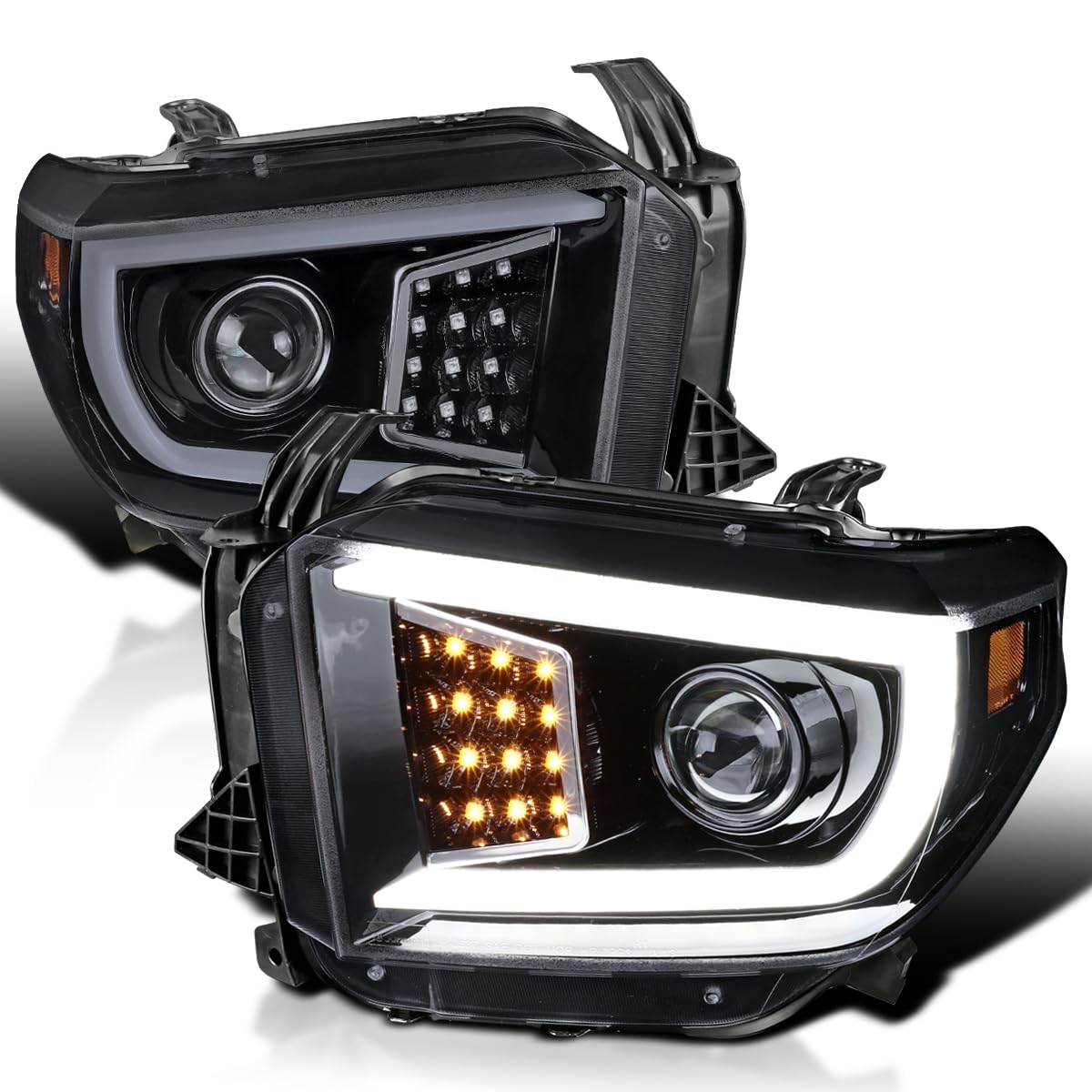 Glossy Black Smoke SPEC-D TUNING LED Light Bar Projector Headlights w/Sequential LED Signal Compatible with 2014-2021 Toyota Tundra, Left + Right Pair Headlamps Assembly