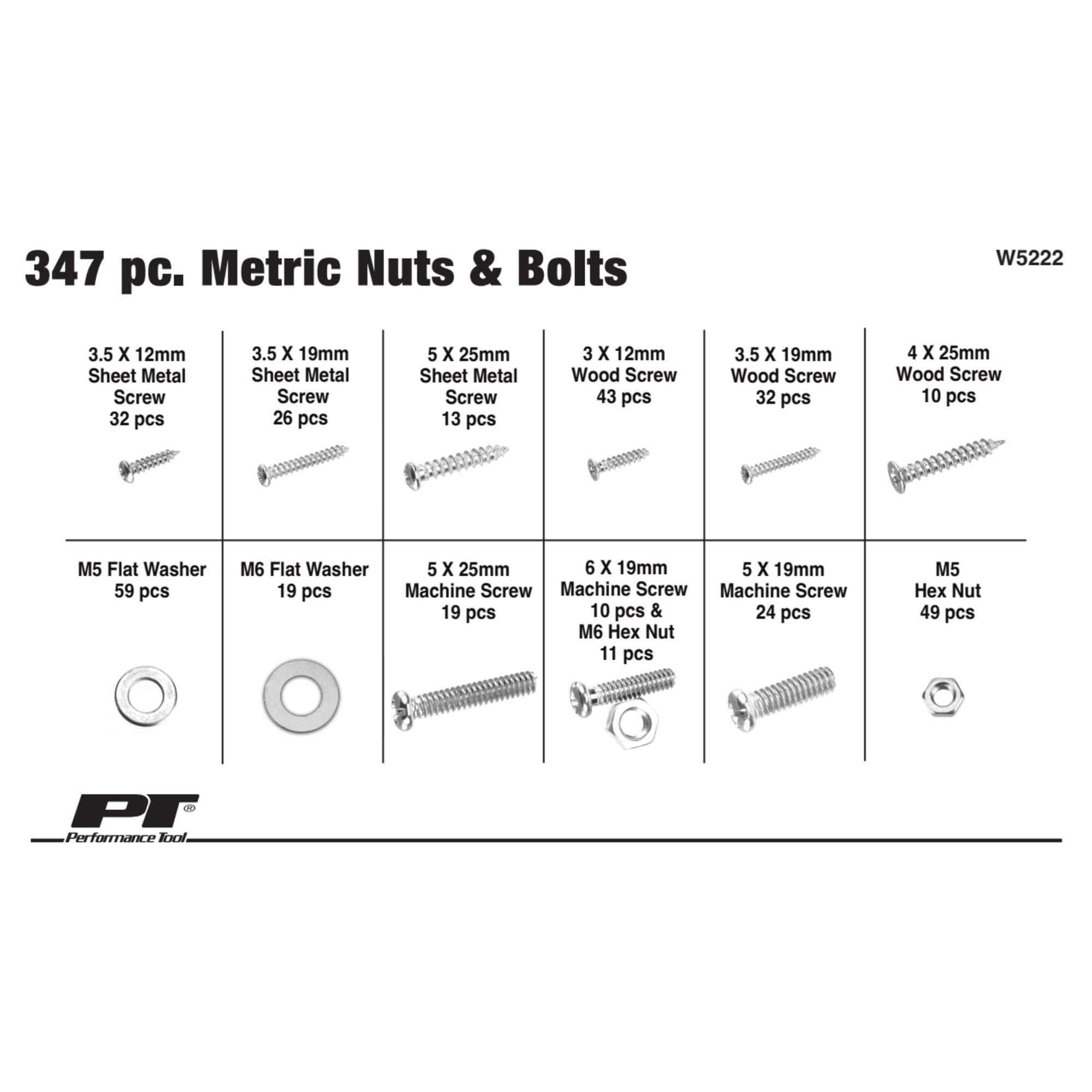 W5222 Performance Tool 347pc Metric Nut Bolt Assortment With Case