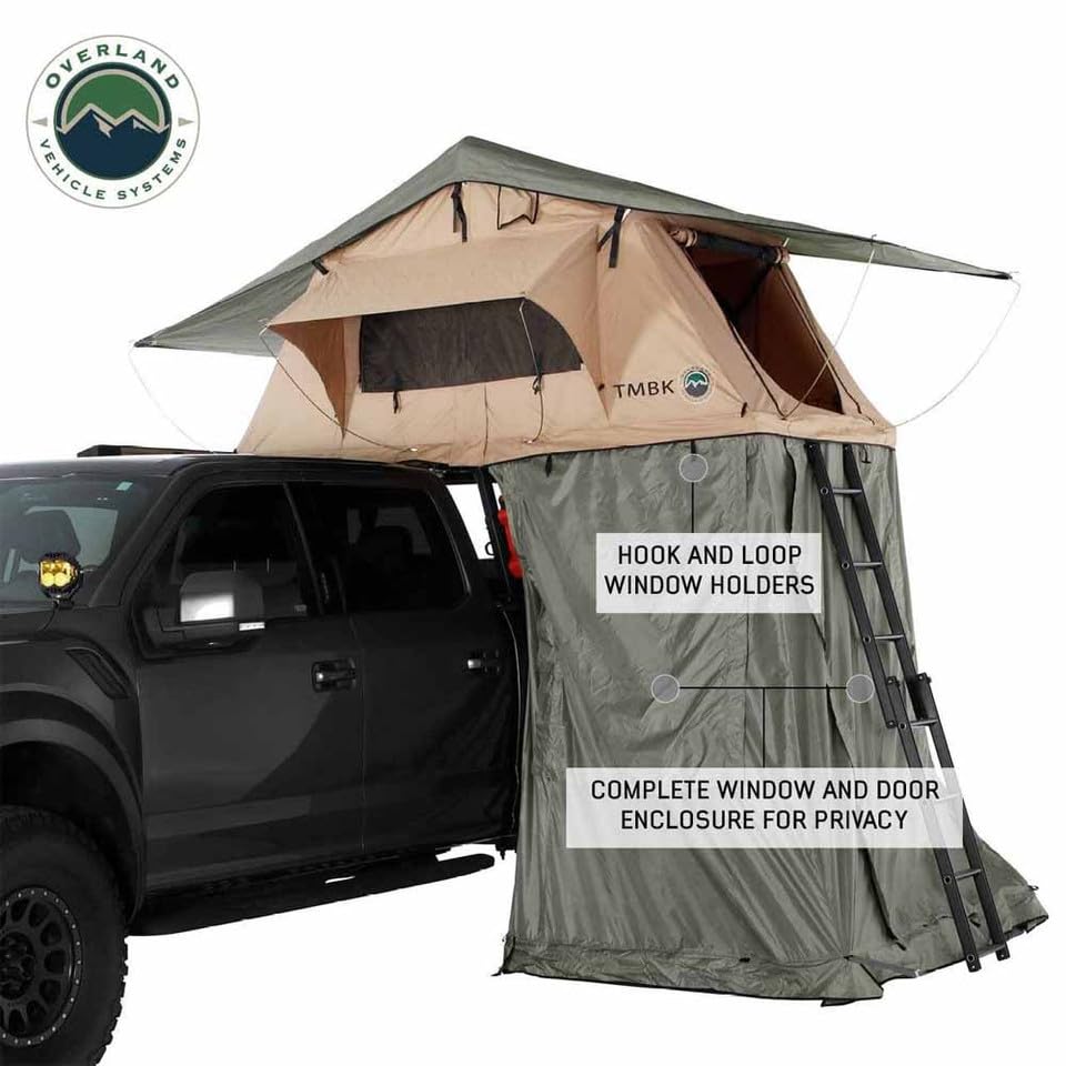 TMBK Overland Vehicle Systems LD 3 Soft Shell Roof Top Tent with Annex Combo, Tan Body & Green Rainfly with Green Annex