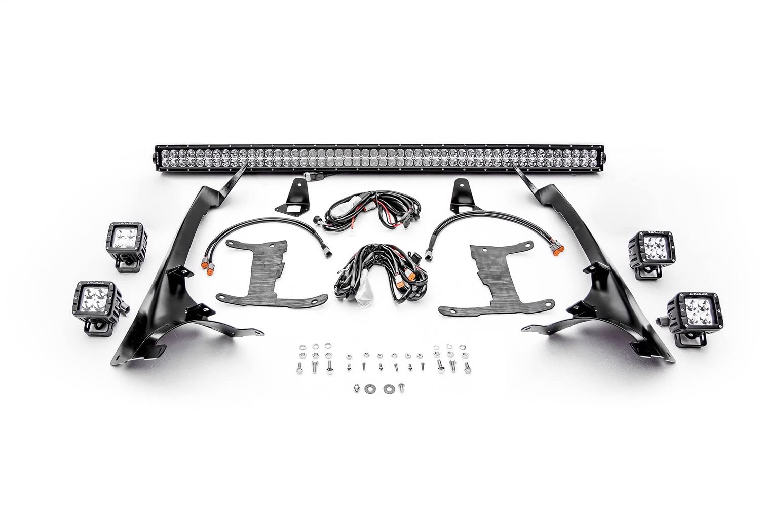 Front Roof LED Kit Jeep JL, Gladiator with (1) 50 Inch LED Straight Double Row Light Bar and (4) 3 Inch LED Pod Lights - PN #Z374831-KIT4