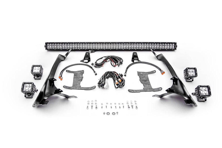Front Roof LED Kit Jeep JL, Gladiator with (1) 50 Inch LED Straight Double Row Light Bar and (4) 3 Inch LED Pod Lights - PN #Z374831-KIT4
