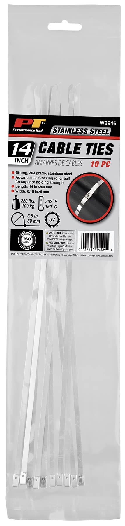 W2946 Performance Tool 14" SS 304 Cable Tie, 100 LBS (10 Pieces)