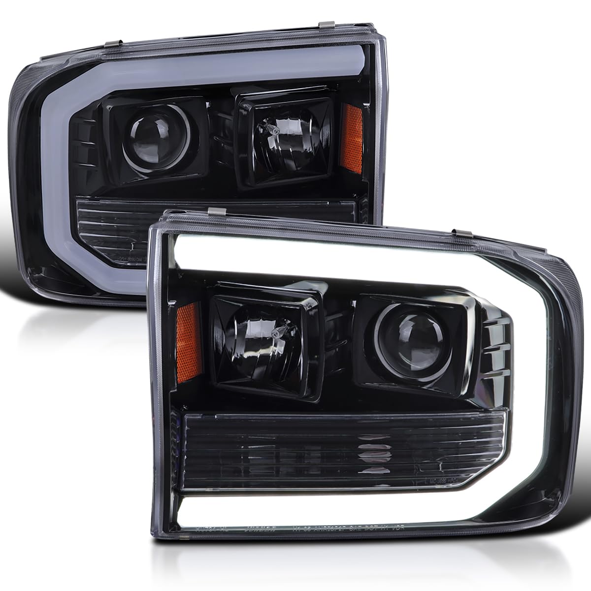 Spec-D Tuning Projector Headlights Glossy Black Smoke w/LED Tube Compatible with 1999-2004 Ford F-250, F-350, F-450 SuperDuty, Left + Right Pair Headlamps Assembly