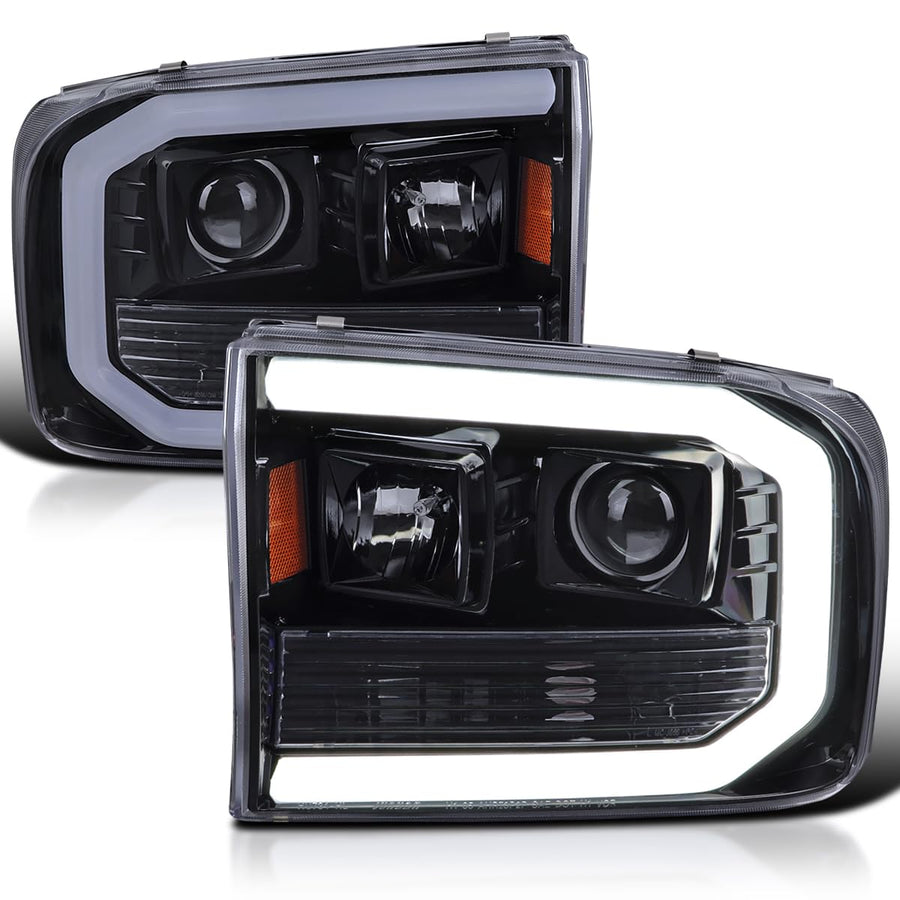 Spec-D Tuning Projector Headlights Glossy Black Smoke w/LED Tube Compatible with 1999-2004 Ford F-250, F-350, F-450 SuperDuty, Left + Right Pair Headlamps Assembly
