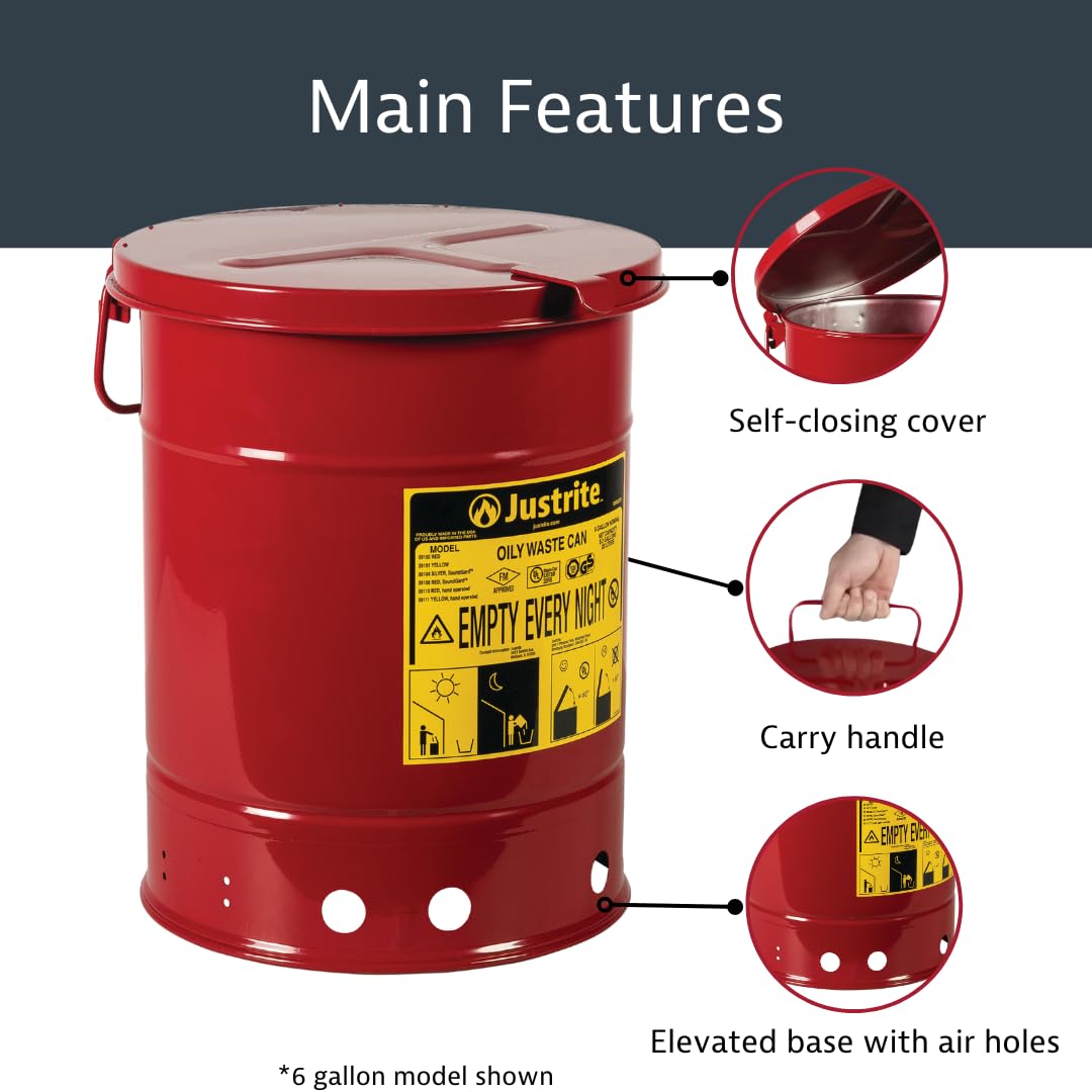 14 Gallon Justrite Galvanized Steel Oily Waste Can, 20" x 16" Metal Oil Rag Safety Can with Hand Operated Self-Closing Lid for Oil Rag Disposal, Made in The USA, Red, 09510