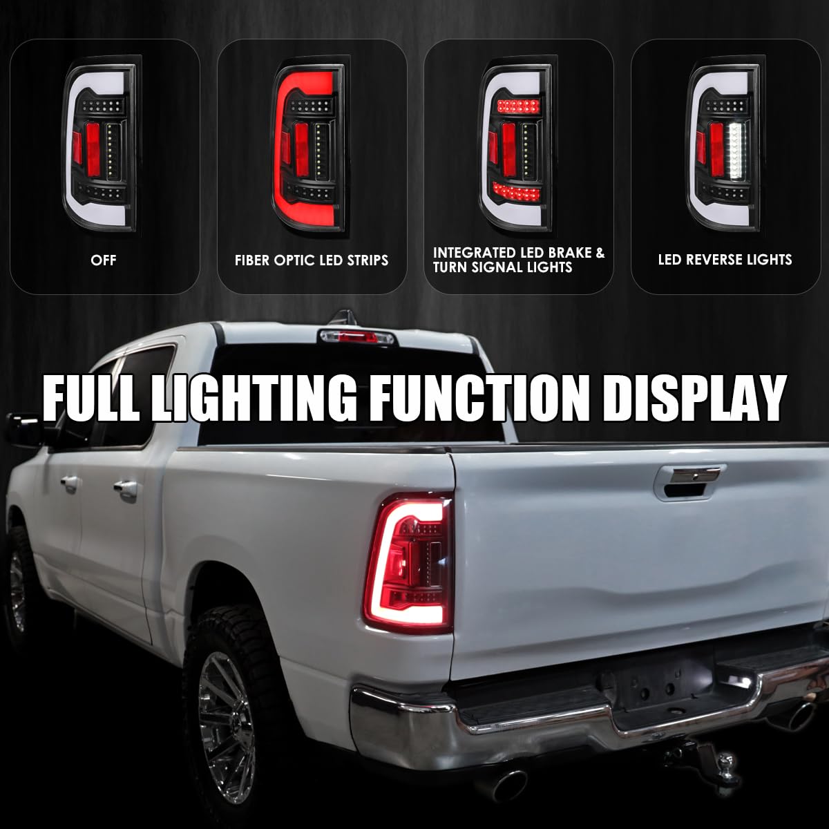 Full LED Tail Lights SPEC-D TUNING w/White LED Light Bar Compatible with 2019-2023 Ram 1500, Left + Right Pair Assembly