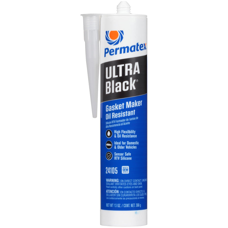Permatex Ultra Black 24105 Maximum Oil Resistance RTV Silicone Gasket Maker, Sensor Safe And Non-Corrosive, For High Flex And Oil Resistant Applications 13 oz