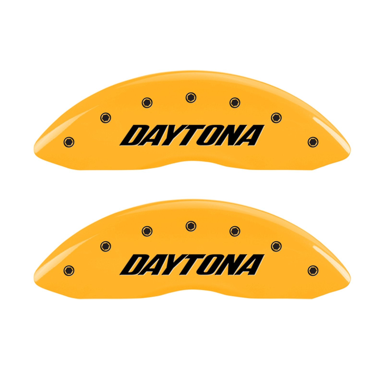 Brake Caliper Covers MGP - for 2011-2023 Dodge Challenger & 2011-2023 Dodge Charger (Requires Dual Piston Front Caliper) Front and Rear Set - Engraved DAYTONA Logo (Yellow)