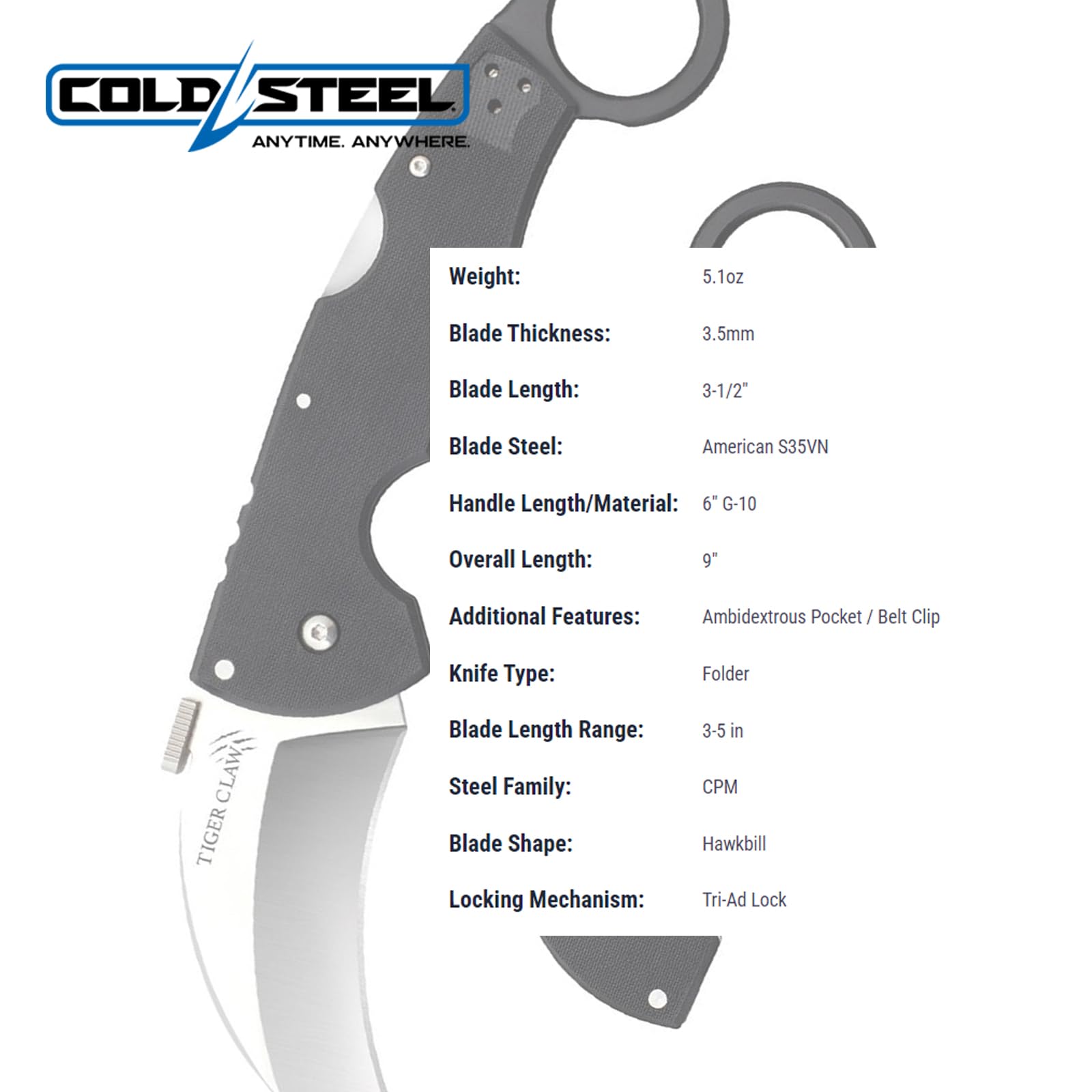 Tiger Claw Cold Steel Folding Knife with Tri-Ad Lock and Pocket Clip, Plain Edge, 3.25 in