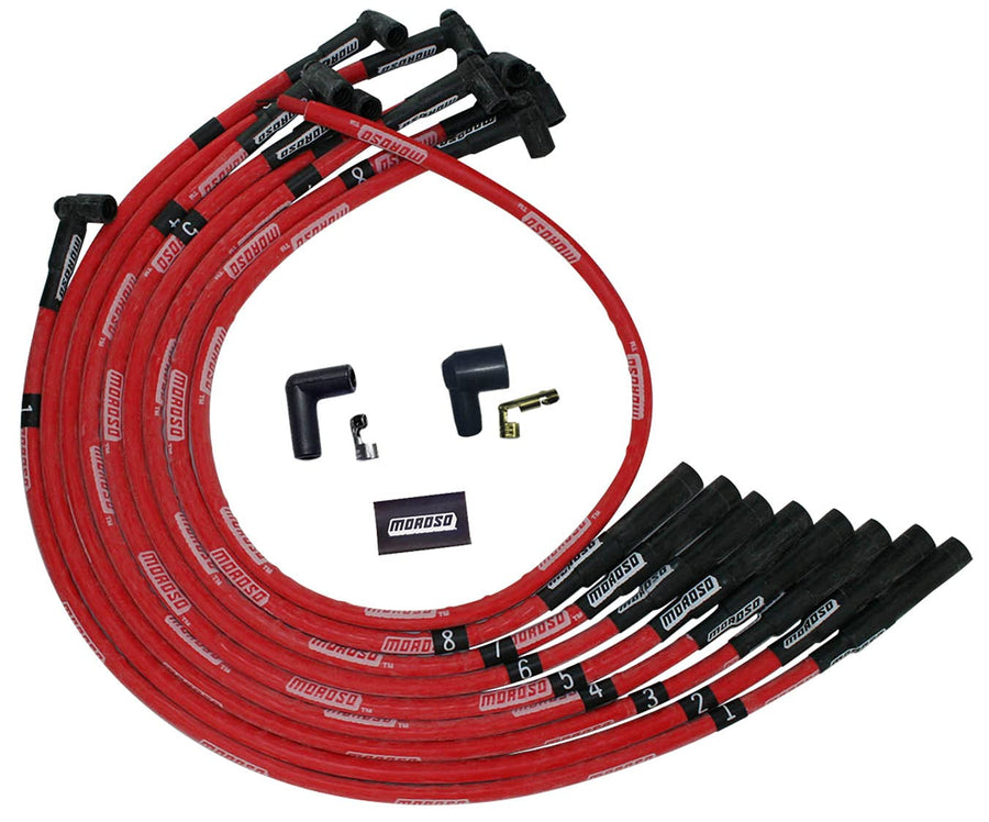 Moroso Ultra Series 52540 Sleeved Red Spark Plug Wires, Big Block Chevy, Over Valve Cover Routing, Straight Plug Ends, HEI Distributor