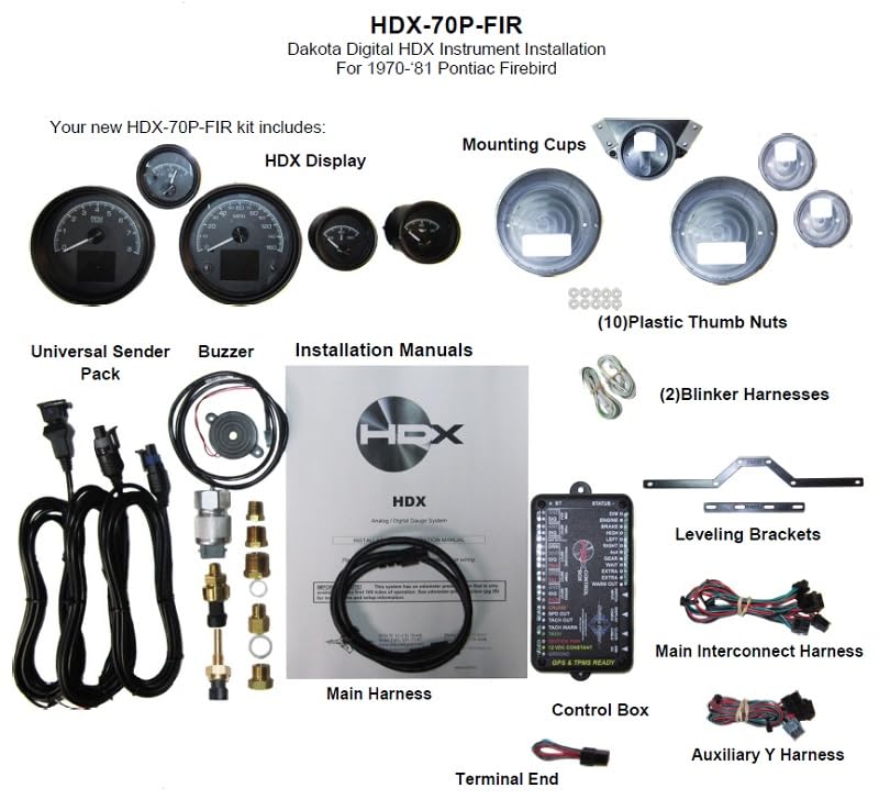 Dakota Digital HDX-70P-FIR-K Analog Gauge Instrument System Compatible with 1970-81 Pontiac Firebird Black Alloy