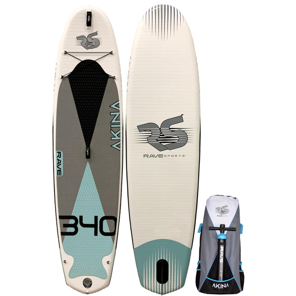 RAVE Sports Stand Up Inflatable Paddle Board, Akina Superior Blue, 11'2" x 34" x 6", Durable Materials, Non-Slip Comfort Deck, Designed for Adults & Youth, Wide Stable SUP, High Pressure Hand Pump