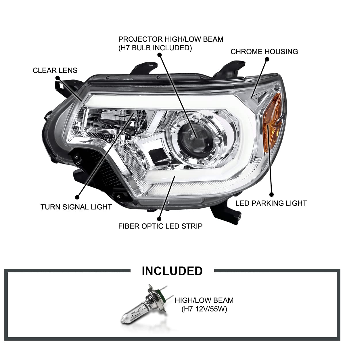 LED Light Bar Projector Headlights SPEC-D TUNING Compatible with 2012-2015 Toyota Tacoma, Left + Right Pair Headlamps Assembly