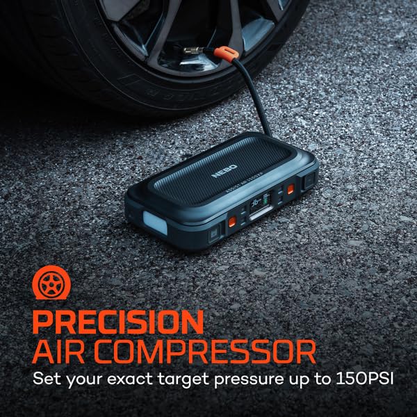 NEBO 1500XP Assist AIR Jump Starter and Air Compressor | 44.4Wh Power Supply Box Restarts 12V Battery Vehicles, 150 PSI Air Compressor Inflates Tires, Integrated Floodlight, USB Ports, TSA Approved