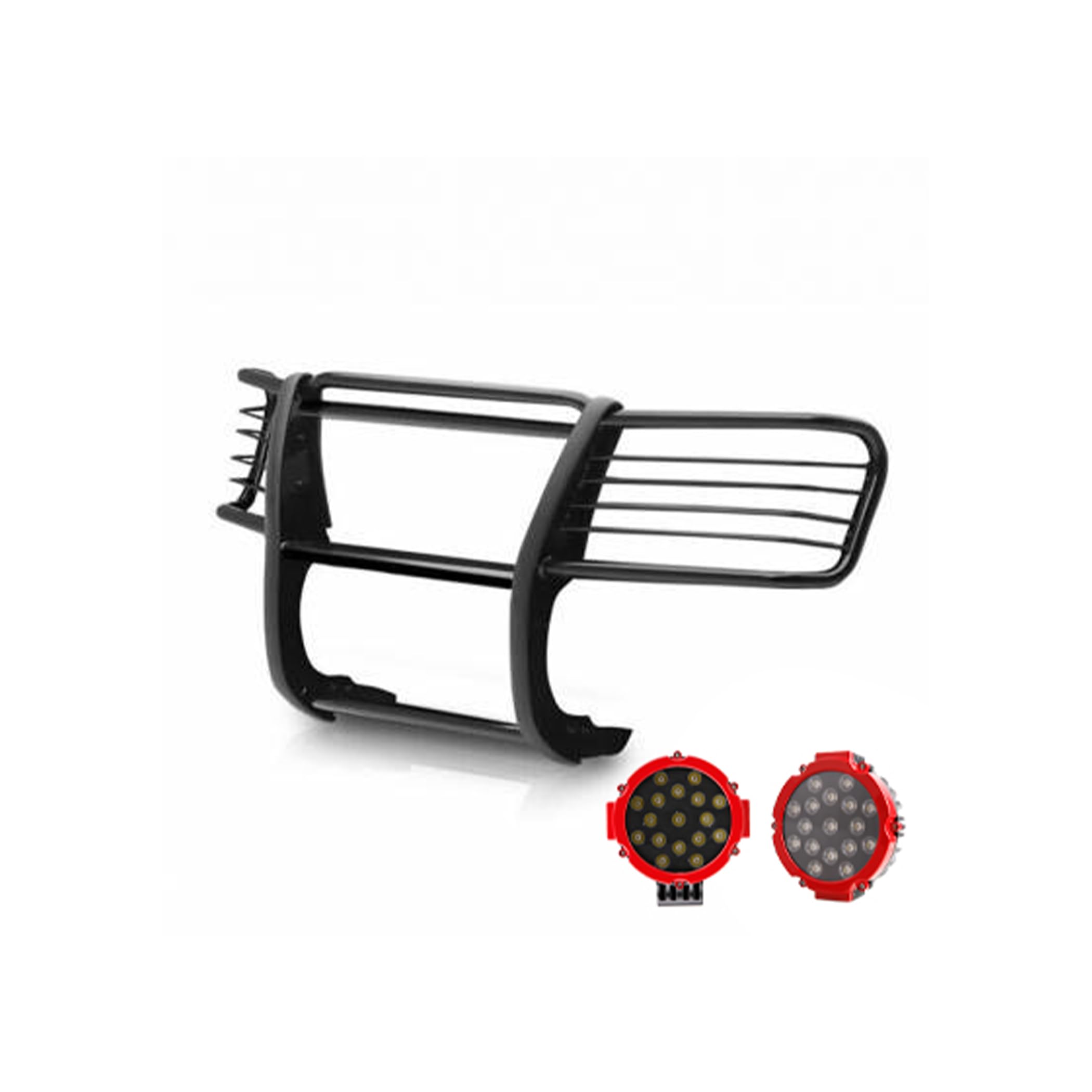 Bumper Guard Black Horse Grille brush Modular Come With pair of 7.0"LED Lights with Red Trim Rings Compatible with 99-02 Silverado 1500|00-06 Suburban 1500/Tahoe/Yukon/Yukon XL 1500-17GT23MA-PLR
