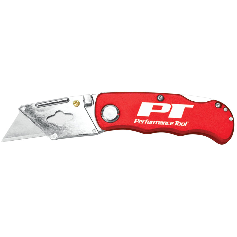 Pocket Knife Performance Tool W2600 with Button Blade Change and Locking Mechanism, Compact and Portable Design, Red Handle and Belt Clip Included