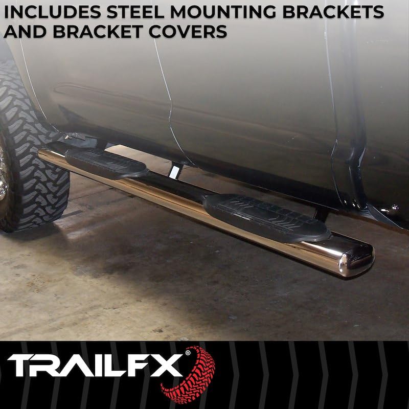 TrailFX A8221S Fits Chevrolet Silverado 1500 Crew Cab 2007-2018 Oval 6 Inch Side Bars with Step Pads, Polished Stainless Steel, Welded End Caps, Rocker Panel Mount