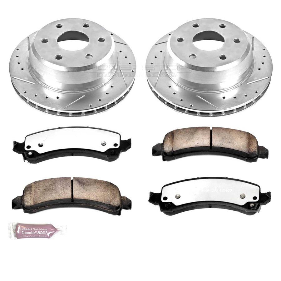 Rear Brake Kit Power Stop For 2003 2004 2005 2006 Cadillac Escalade - Truck & Tow Carbon Fiber Ceramic Brake Pads & Drilled and Slotted Rotors Replacement, K2047-36