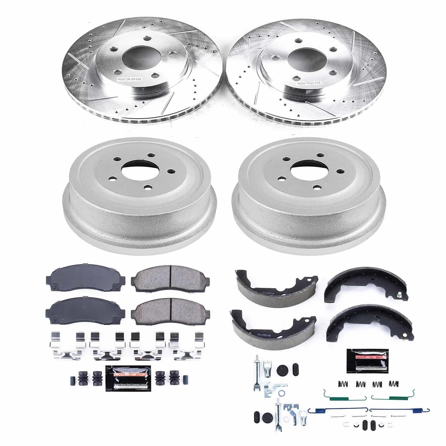 Power Stop K15219DK Z23 Carbon Fiber Brake Pads Front and Rear with Drilled & Slotted Brake Drums Kit For Saturn Vue 2002-2007 [Model Specific]