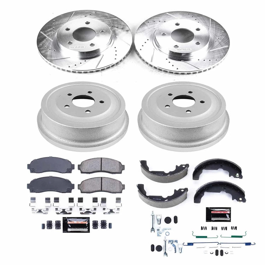 Power Stop K15219DK Z23 Carbon Fiber Brake Pads Front and Rear with Drilled & Slotted Brake Drums Kit For Saturn Vue 2002-2007 [Model Specific]
