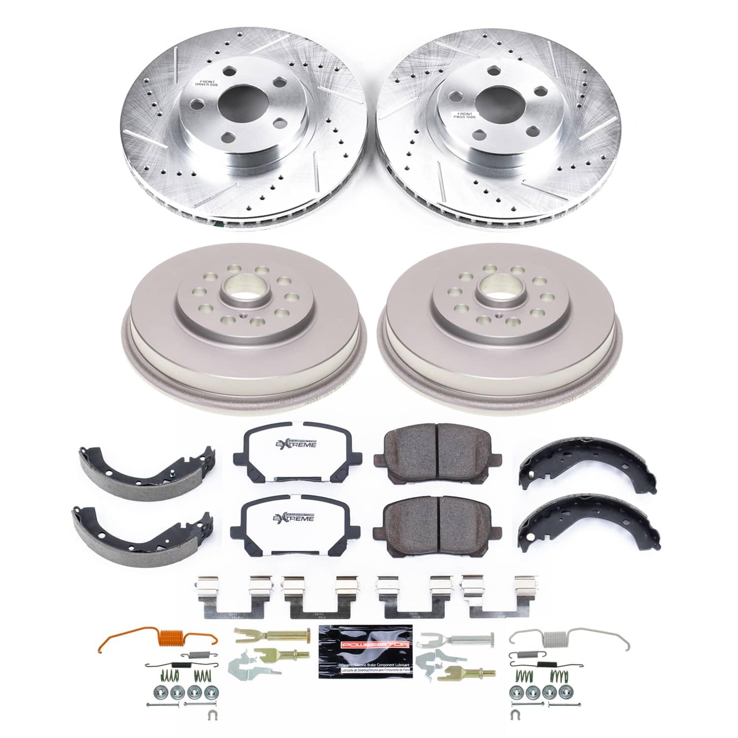 POWERSTOP Z26 Carbon-Fiber Ceramic Brake Pads Front and Rear, Drilled Slotted Rotors Brake Kit with Brake Shoes and Drums For Pontiac Vibe 2003-2006 [Vehicle Specific]