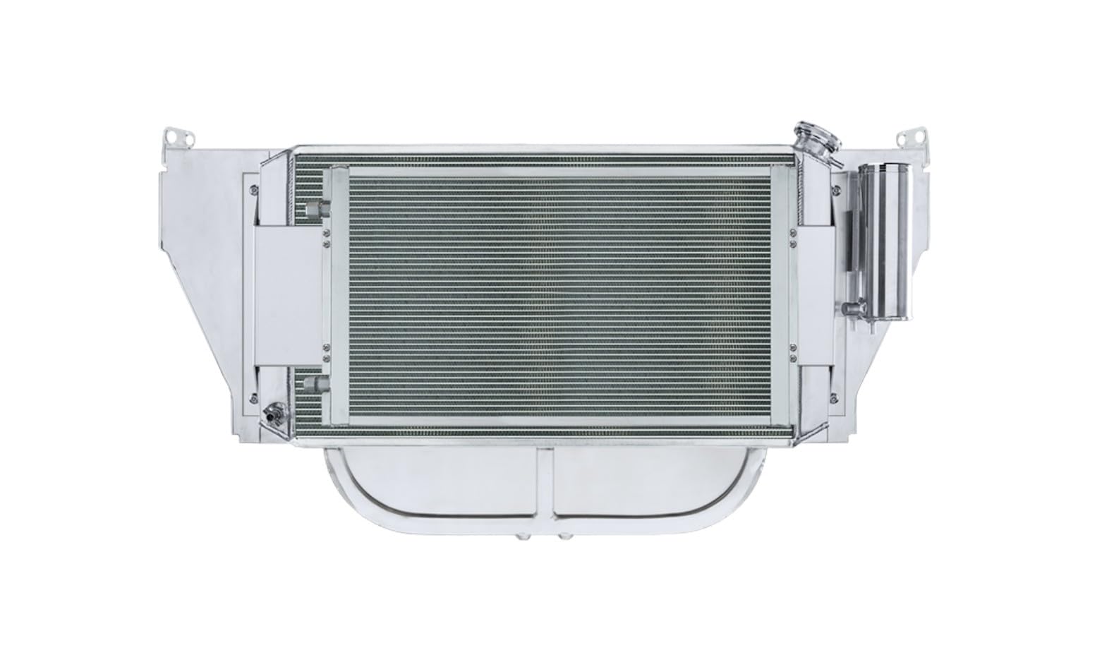 Cold Case Radiator and Fan, Dual Fans, Passenger Side Inlet, Passenger Side Outlet, A/C Condenser/Radiator Support, Aluminum, Polished, GM LS-Series, Chevy Fullsize Car 1955, Kit