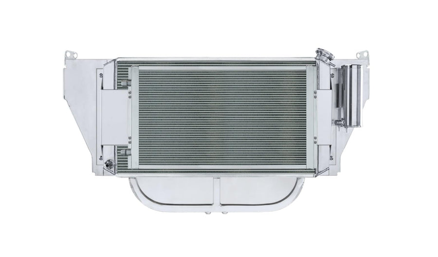 Cold Case Radiator and Fan, Dual Fans, Passenger Side Inlet, Passenger Side Outlet, A/C Condenser/Radiator Support, Aluminum, Polished, GM LS-Series, Chevy Fullsize Car 1955, Kit