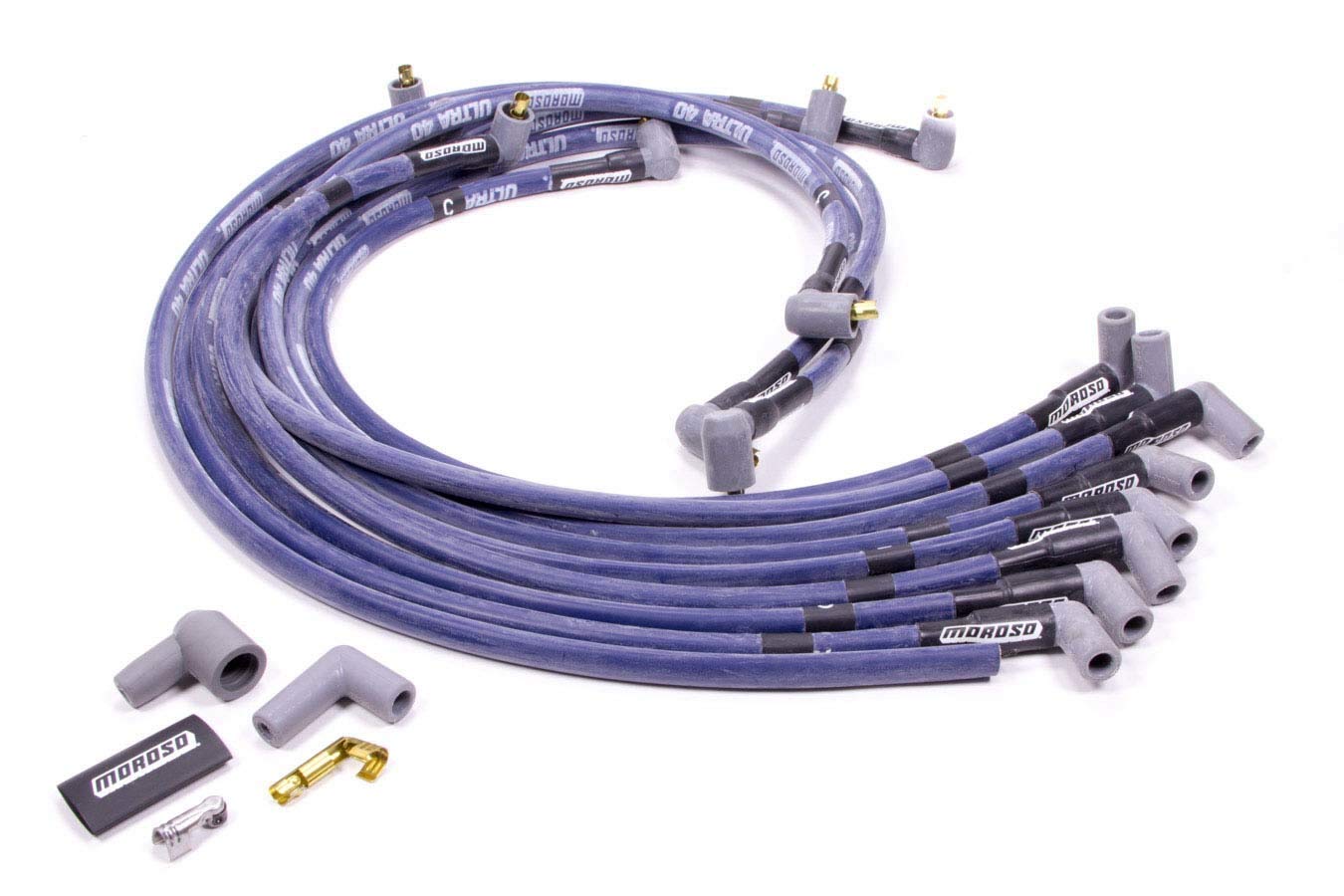 Moroso Ultra 73605 40 Sleeved Spark Plug Wire Set, Blue, Fits Small Block Chevy w/ 90 Degree Plug Ends, Non HEI Distributor, Under Header Routing