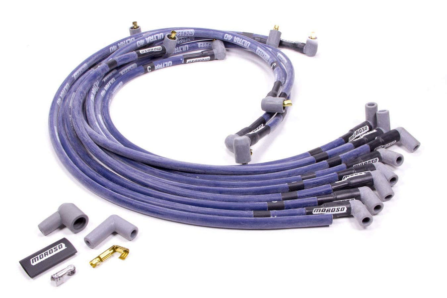Moroso Ultra 73605 40 Sleeved Spark Plug Wire Set, Blue, Fits Small Block Chevy w/ 90 Degree Plug Ends, Non HEI Distributor, Under Header Routing