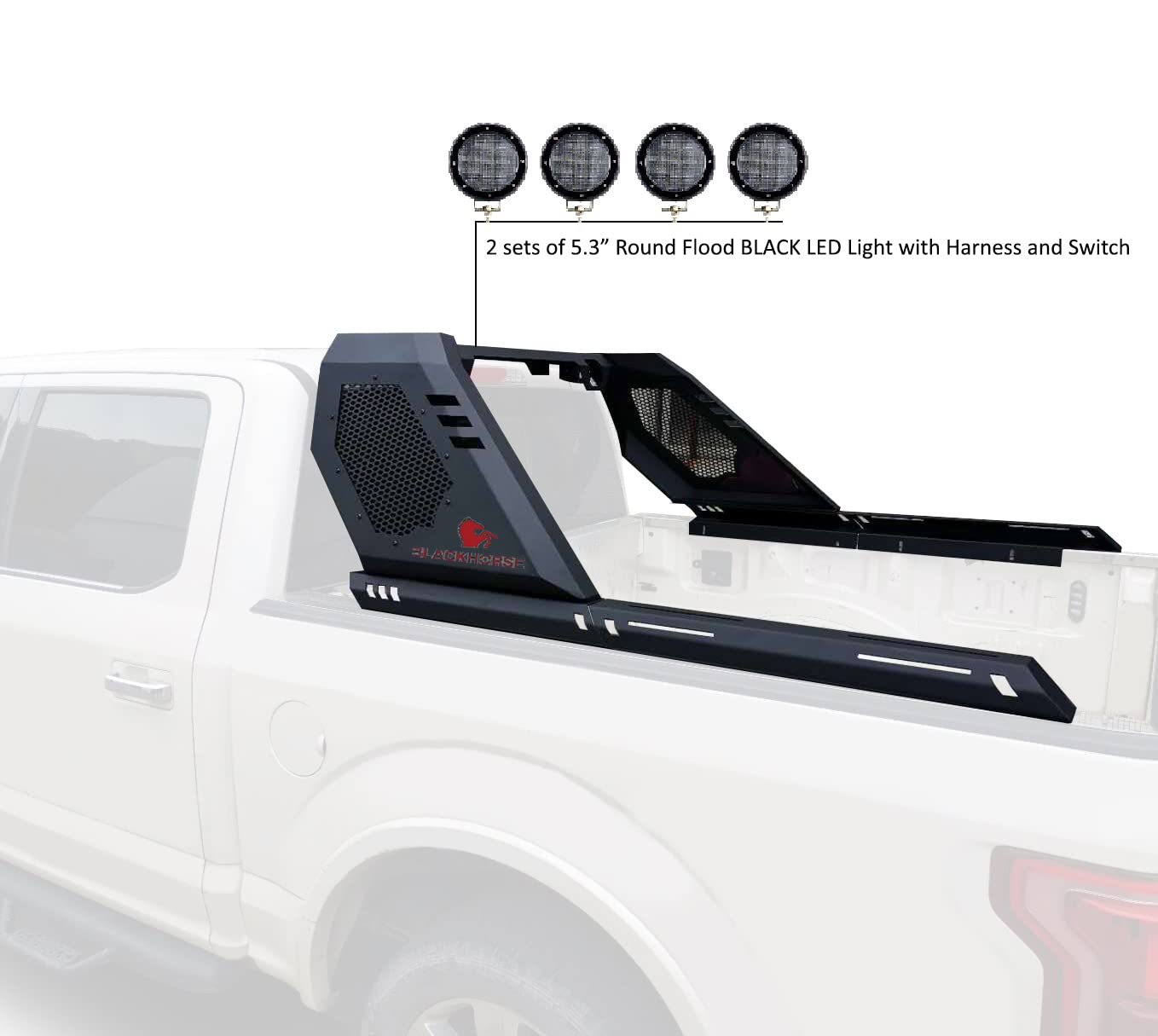 Vigor Roll Bar Black Horse Incl. Set of 5.3" Dia.Led Lights w/Black Trim Rings Modular Black Compatible with 2019-2022 Ford Ranger-VIRB08B-PLFB