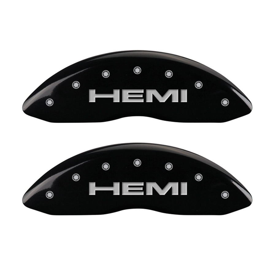 MGP Caliper Covers 'Hemi' 42002SHEMBK Engraved Caliper Cover with Black Powder Coat Finish and Silver Characters, (Set of 4)