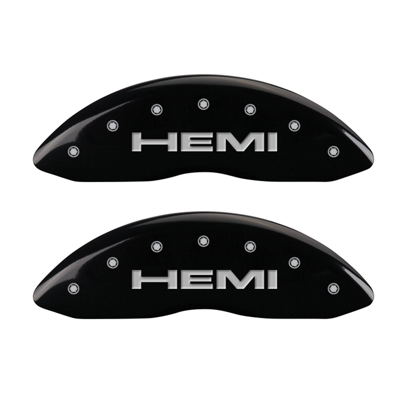 MGP Caliper Covers 'Hemi' 42002SHEMBK Engraved Caliper Cover with Black Powder Coat Finish and Silver Characters, (Set of 4)